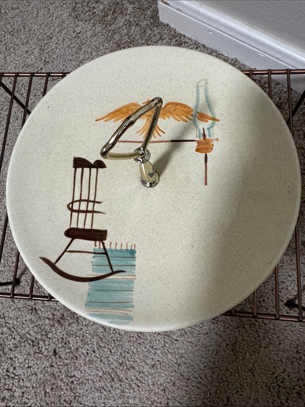 Vintage Red Wing Ceramic Serving Stand with Hand-Painted “Hearthside” pattern.
